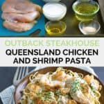 Copycat Outback Steakhouse Queensland tavuk ve karidesli makarna malzemeleri ve bitmiş yemek.