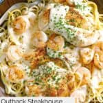 Overhead view of copycat Outback Queensland chicken and shrimp pasta.