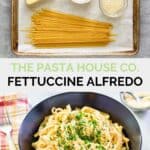 Copycat Pasta House fettuccine alfredo ingredients and the finished dish.