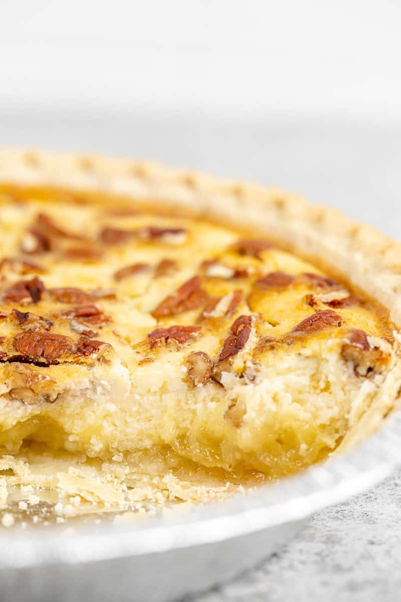 Pineapple pie in a pie plate.