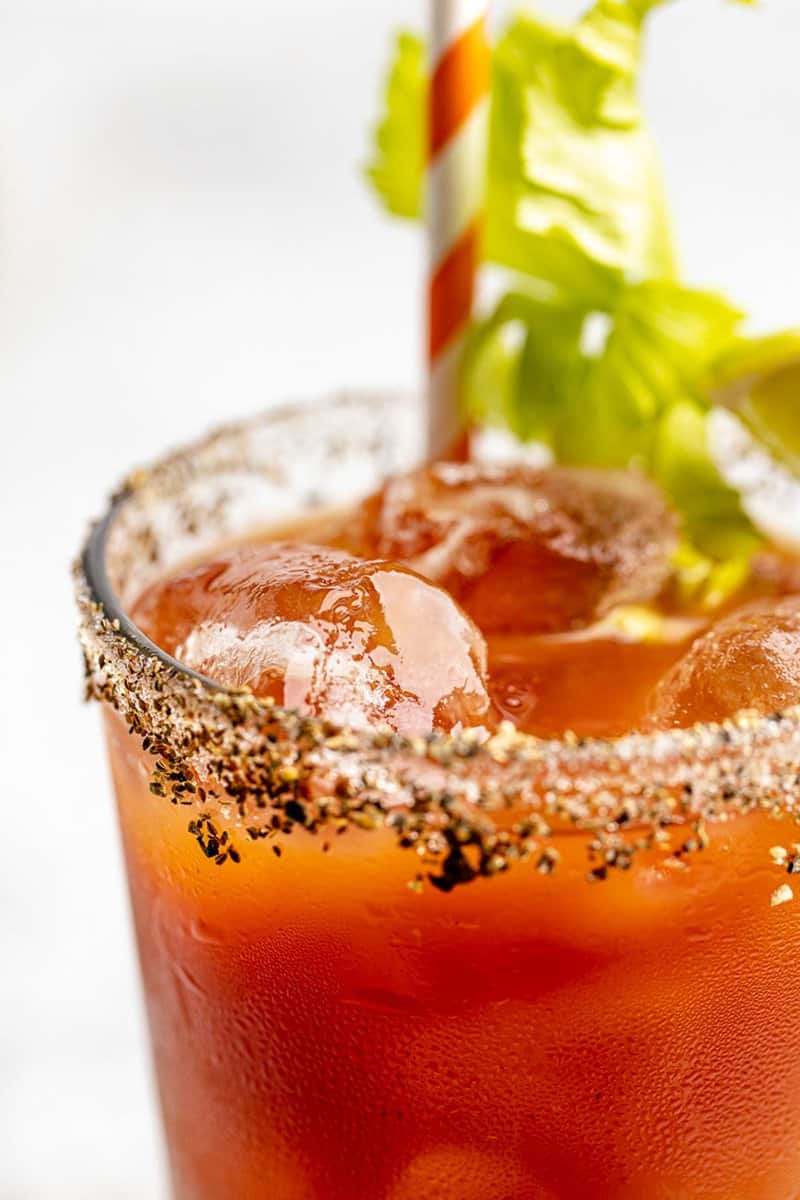 Closeup of a red snapper cocktail with pepper celery salt rim.