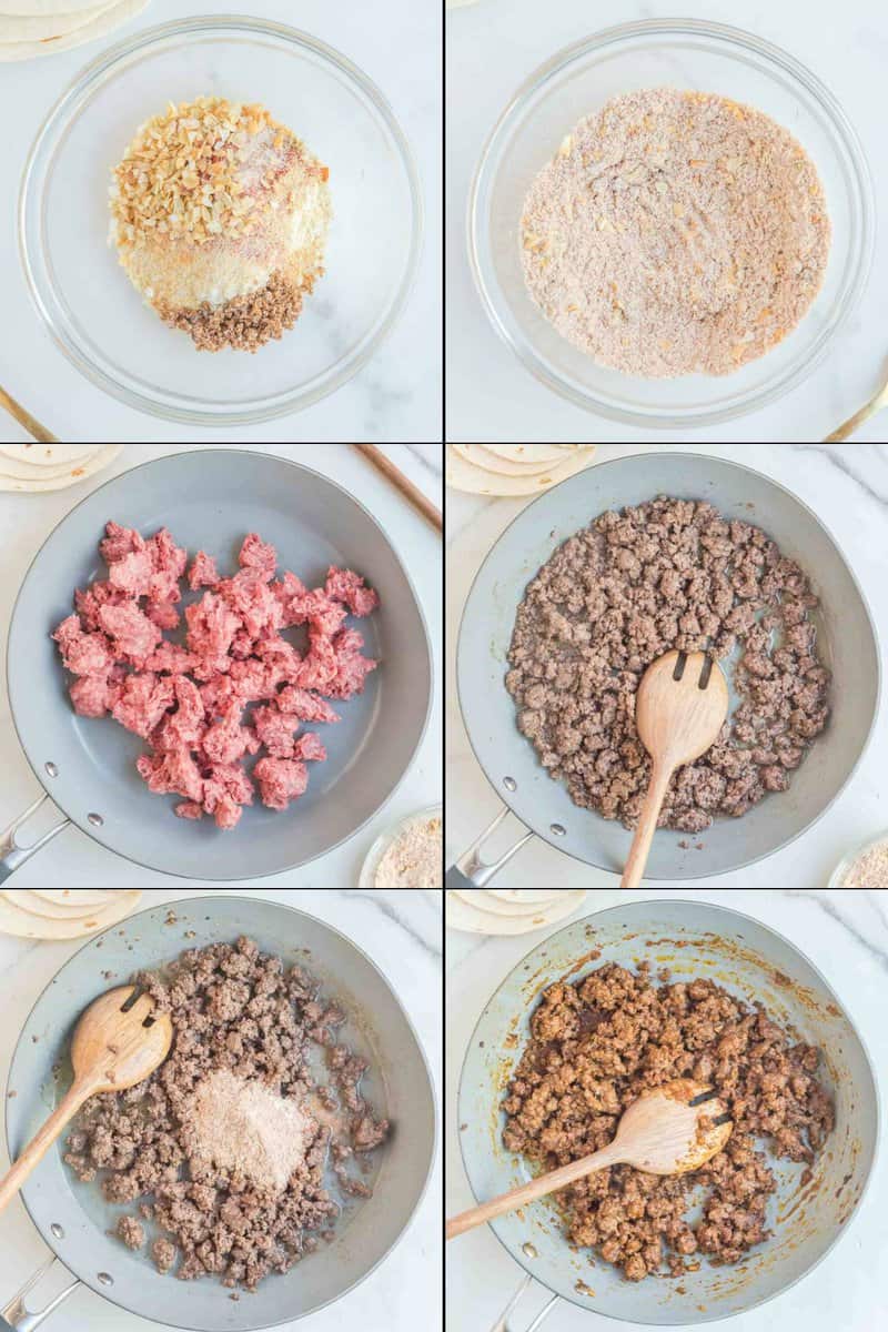 Collage of making seasoned ground beef filling for copycat Taco Bell enchiritos.