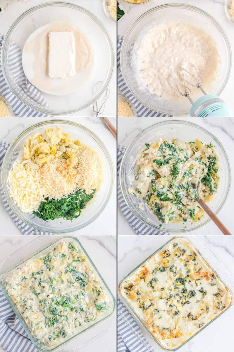 Collage of making copycat Applebee's spinach artichoke dip.