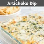 Homemade Applebee's spinach artichoke dip and a bowl of tortilla chips.