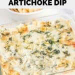 Homemade Applebee's spinach artichoke dip in a square baking dish.