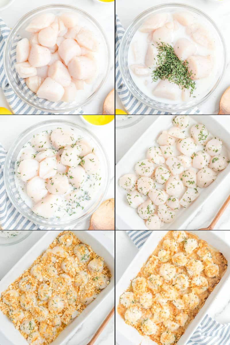 Collage of making baked scallops with Ritz crackers.