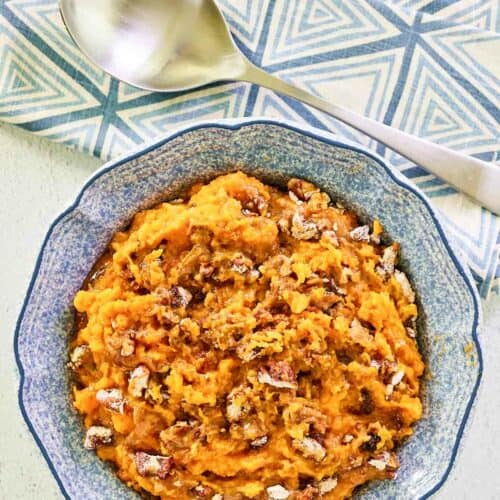 Overhead view of copycat Burbank's sweet potato casserole in a bowl.