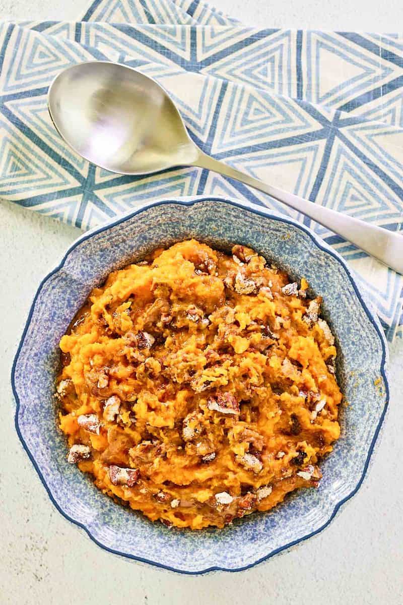 Overhead view of copycat Burbank's sweet potato casserole in a bowl.