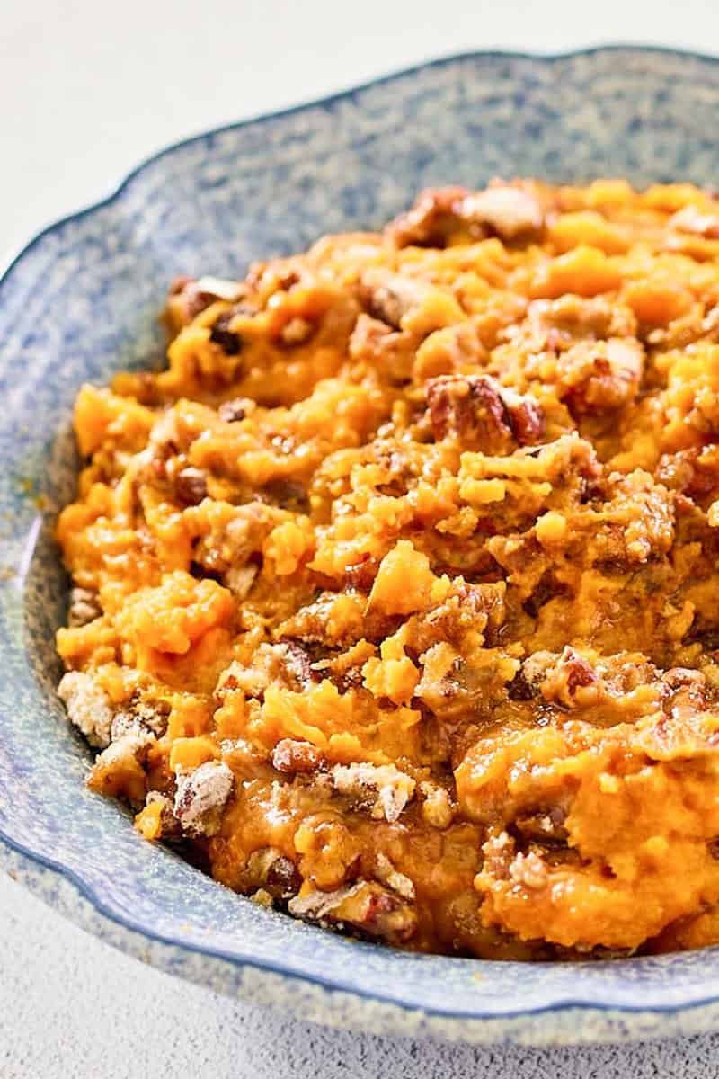 Closeup of copycat Burbank's sweet potato casserole in a bowl.