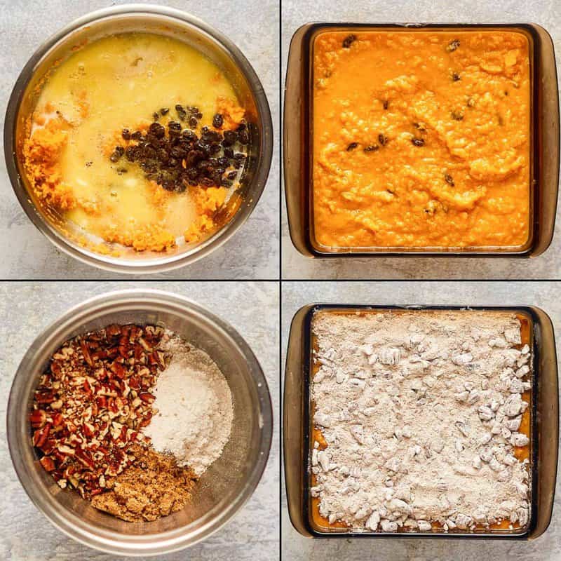 Collage of making copycat Burbank's sweet potato casserole.
