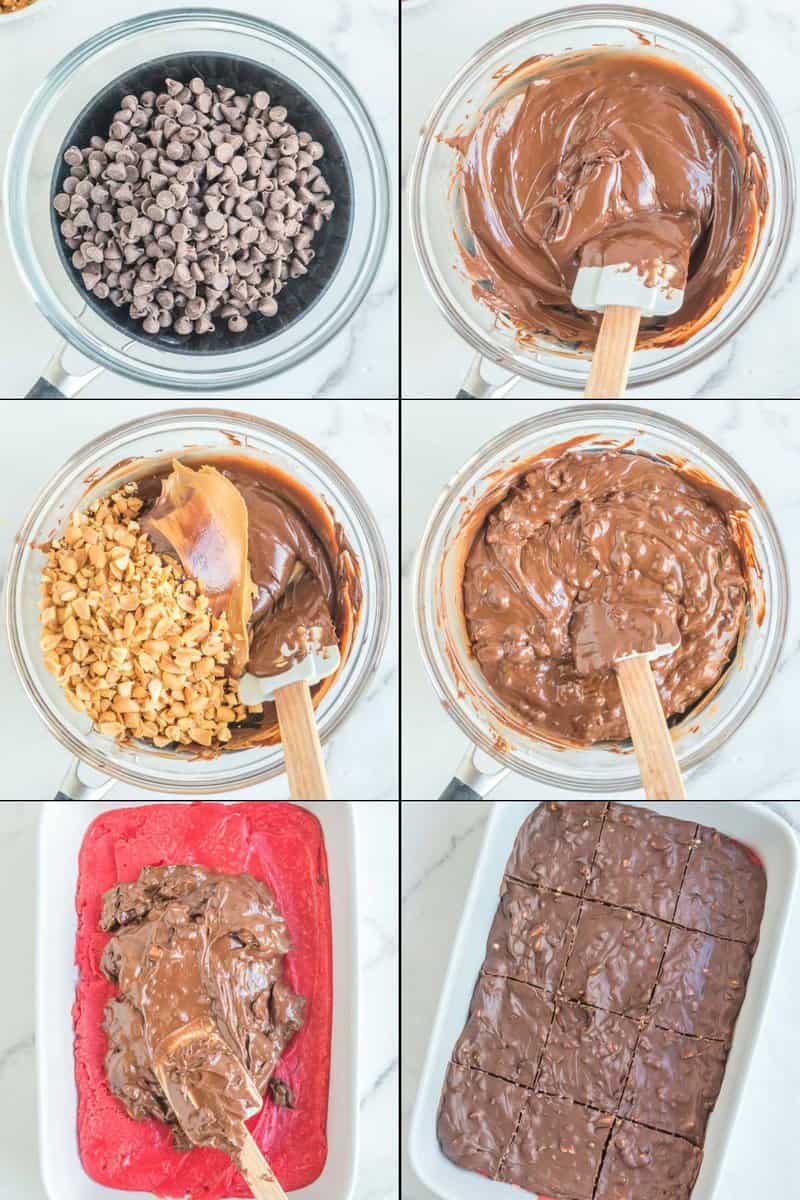 Collage of making chocolate peanut butter layer for cherry mash bars.