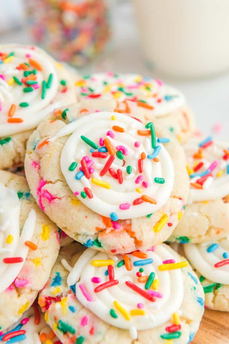 A pile of copycat Crumbl birthday cake cookies.