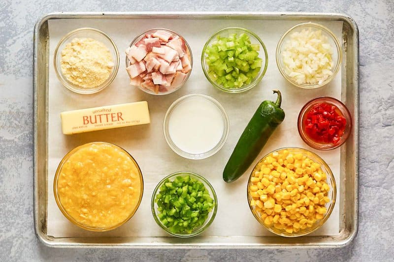 Copycat Luby's Spanish Indian baked corn casserole ingredients on a tray.