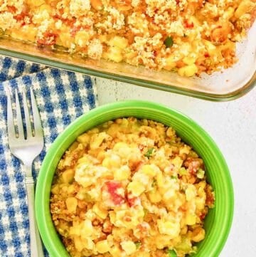 Overhead view of copycat Luby's Spanish Indian baked corn casserole in a bowl and baking dish.