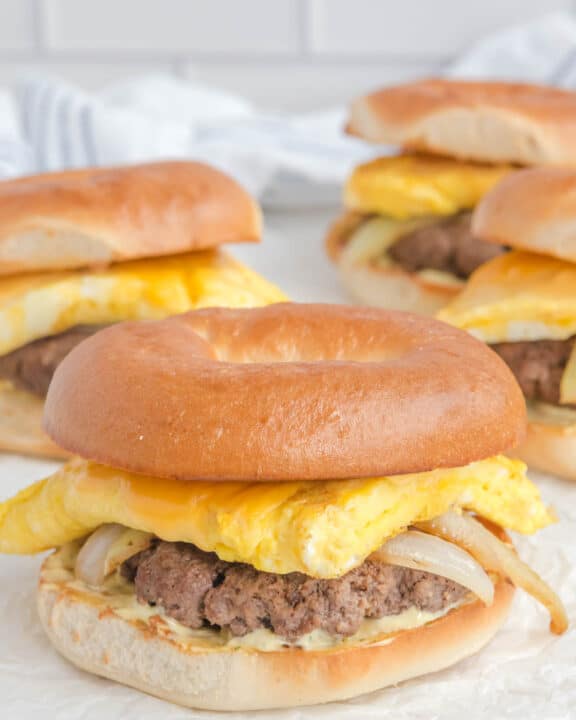 Copycat McDonald's steak egg and cheese bagel breakfast sandwiches.