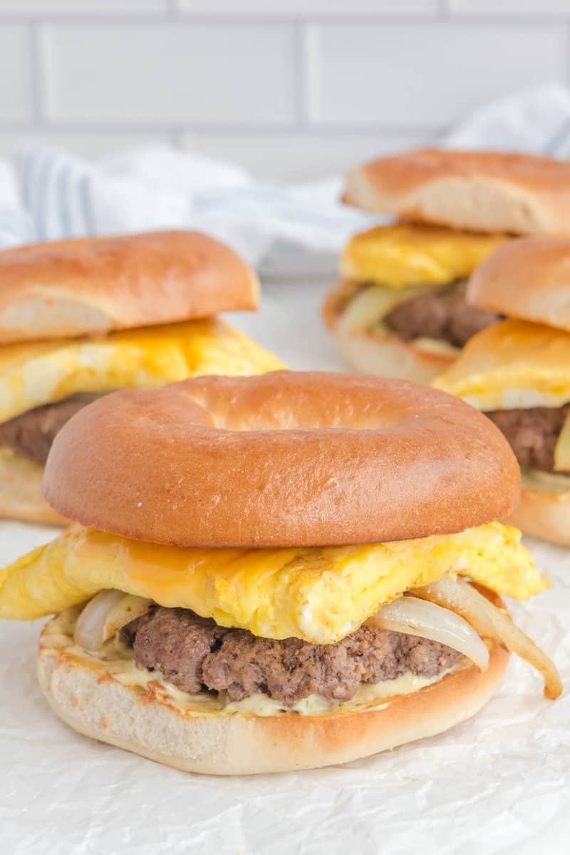 Copycat McDonald's steak egg and cheese bagel breakfast sandwiches.