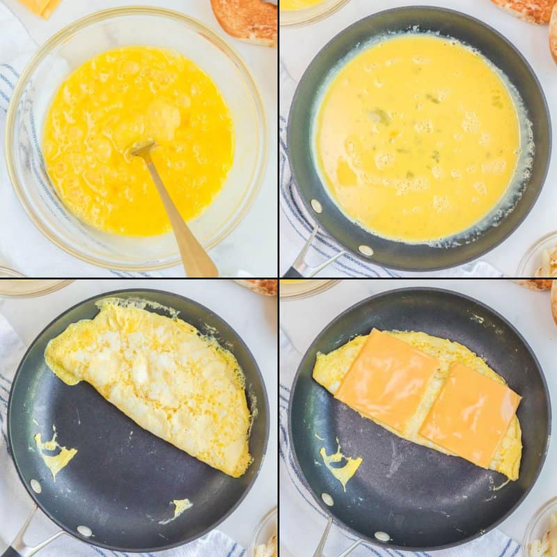 Collage of cooking eggs and cheese for McDonald's steak bagel.