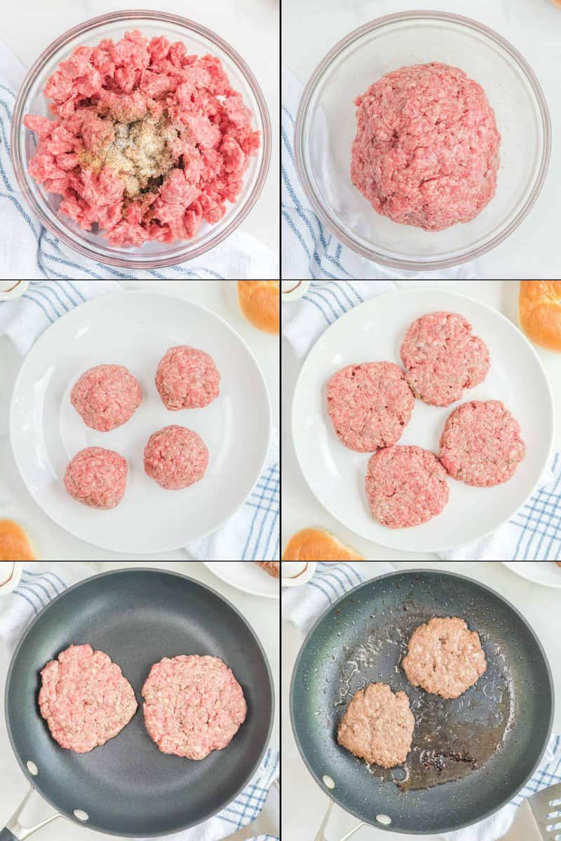 Collage of making and cooking steak patties for McDonald's steak bagel.
