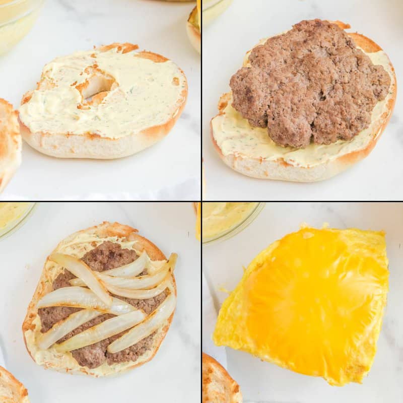 Collage of assembling McDonald's steak egg and cheese bagel.