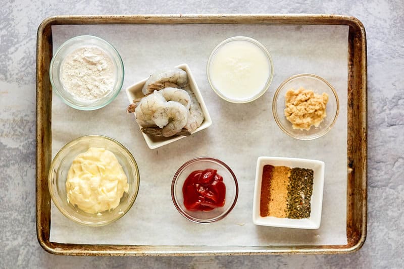 Copycat Outback bloomin fried shrimp ingredients on a tray.