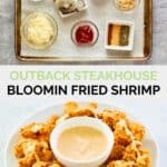 Copycat Outback bloomin fried shrimp ingredients and the finished dish.