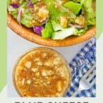 A bowl of copycat Outback blue cheese vinaigrette dressing next to a salad with it.