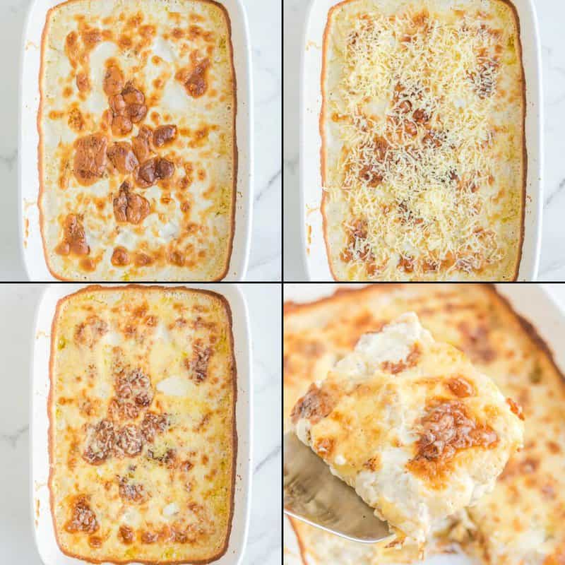 Collage of baking potato au gratin.