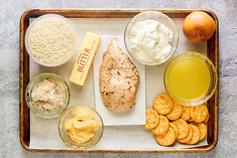 Ritz cracker chicken casserole ingredients on a tray.