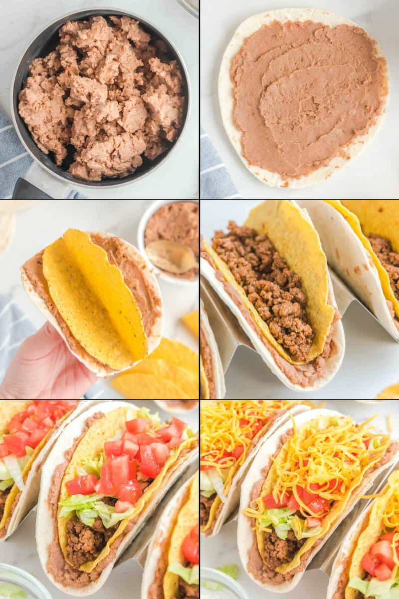 Collage of steps for making copycat Taco Bell treble  decker taco.