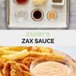 Zaxby's zax sauce ingredients and the finished sauce in a small bowl.