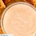 Closeup of a bowl of Zaxby's zax sauce.