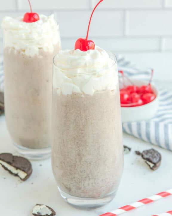 Two copycat Chick Fil A cookies and cream milkshakes.