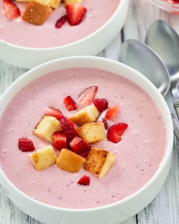 Chilled strawberry soup with pound cake croutons.