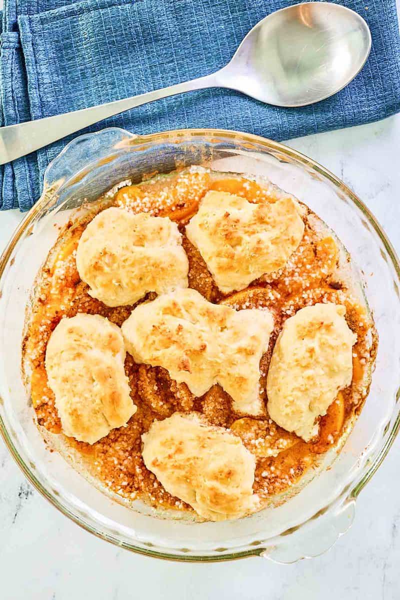 Overhead view of Bisquick peach cobbler.