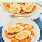 Peach cobbler made with Bisquick on a plate.