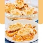 Bisquick peach cobbler on a plate and in a pie pan.