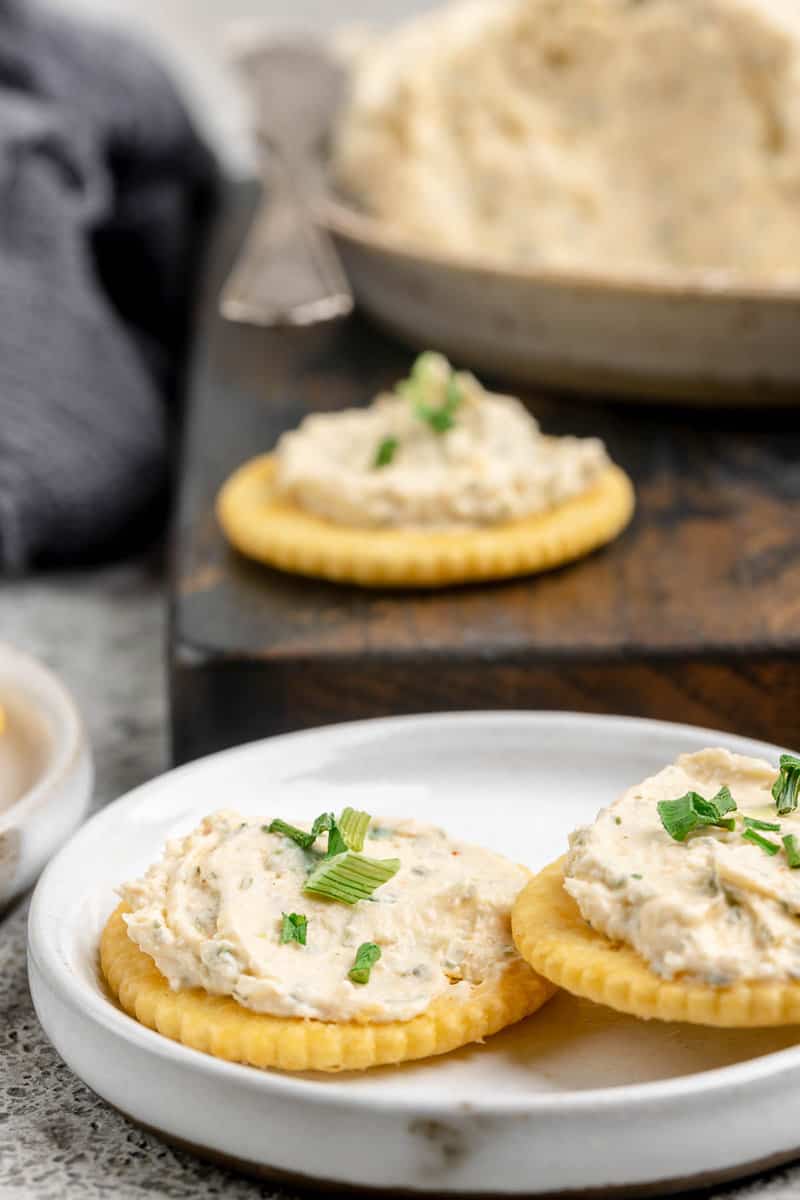 Homemade boursin cheese on crackers.