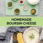 Hausgemachte Boursin-Käse-Zutaten und der fertige Aufstrich und die Cracker.
