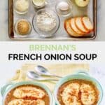 Copycat Brennan's French onion soup ingredients and the finished soup in two bowls.