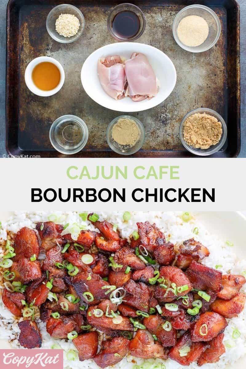 Copycat Cajun Cafe Bourbon Chicken Zutaten und das fertige Gericht.