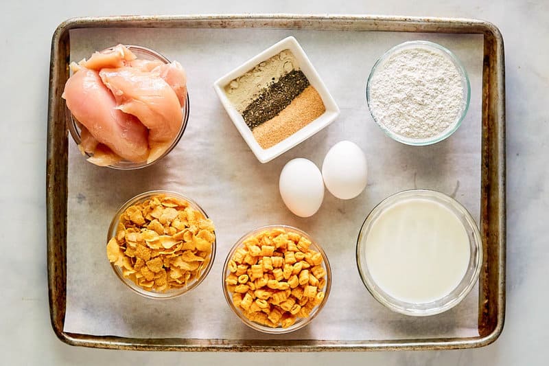 Copycat Planet Hollywood Captain Crunch chicken ingredients on a tray.