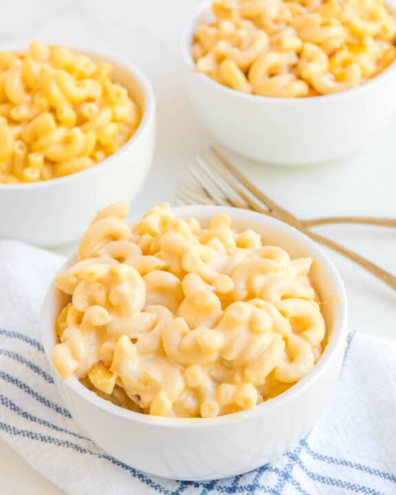 Copycat Chick Fil A Mac and Cheese in three bowls.