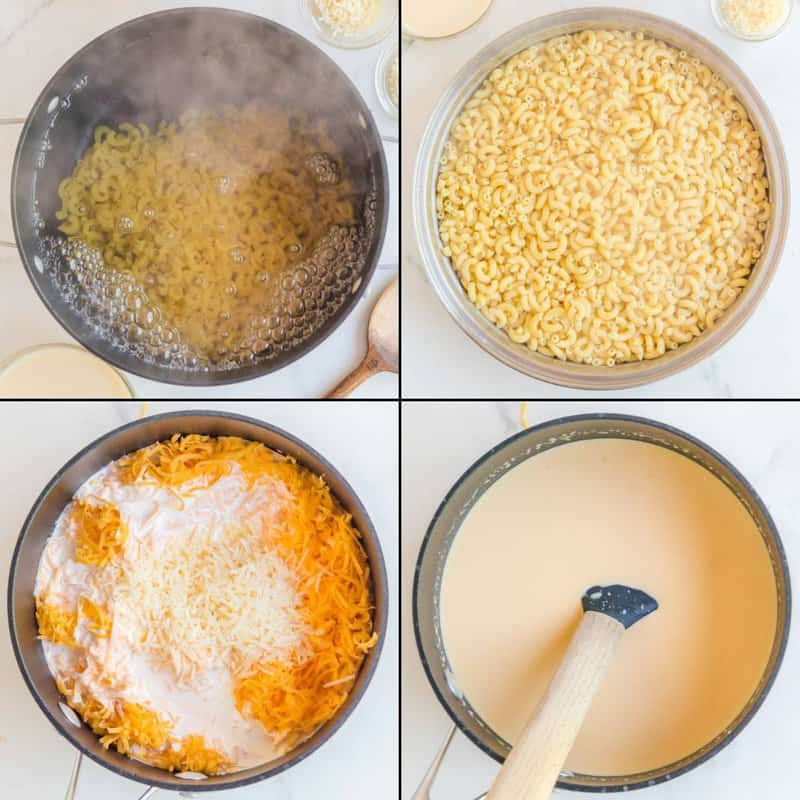 Collage of cooking macaroni and making cheese sauce for Chick Fil A mac and cheese.