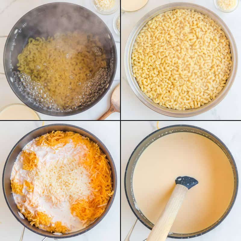 Collage of cooking macaroni and making food  condiment  for Chick Fil A mac and cheese.