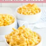 Homemade Chick Fil A mac and cheese in three white bowls.