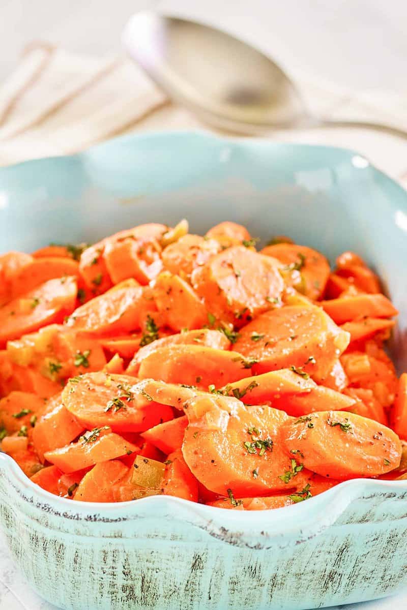 Copper penny carrots in a serving dish.