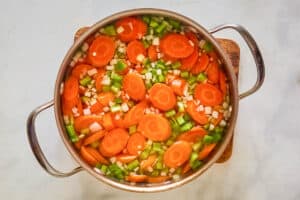 Sliced carrots and chopped vegetables in a pan.