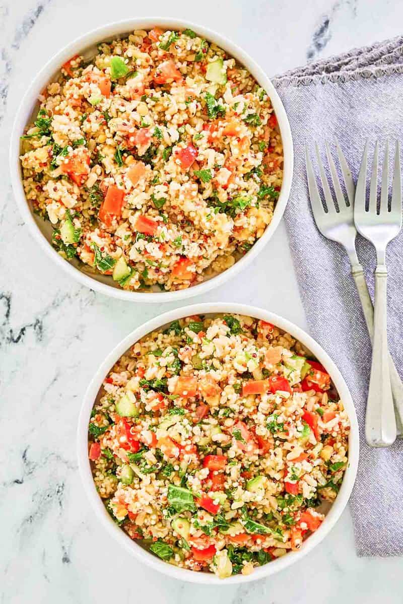 Overhead view of copycat Costco quinoa salad in two bowls.