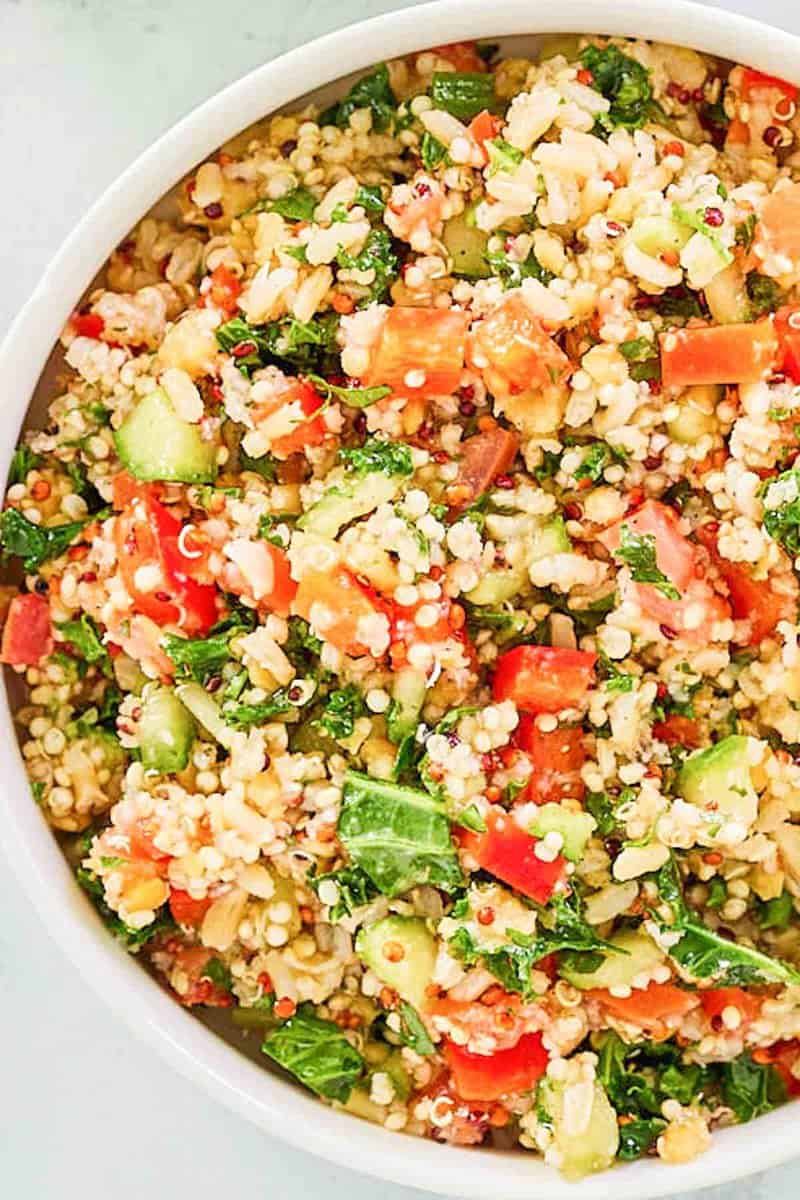 Closeup overhead view of copycat Costco quinoa salad.