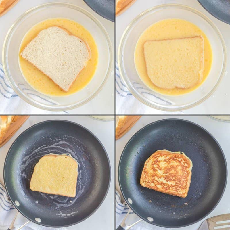 Collage of soaking bread in egg mixture and frying the soaked bread.